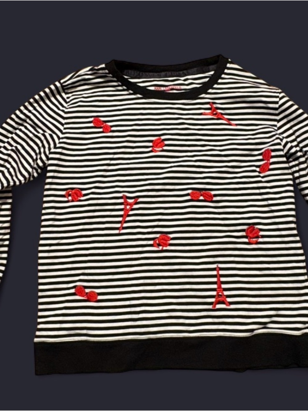 Karl Lagerfeld Black & White Striped Tee with Red Accent